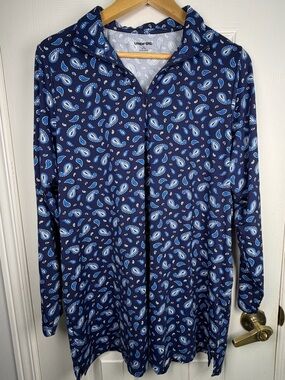 Lands' End Women Plus Size 1X Quarter Zip Rash Guard Navy Paisley UPF Swim Shirt